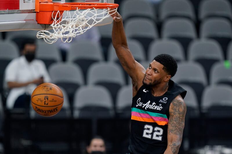 San Antonio Spurs forward Rudy Gay scores against the Orlando Magic during game in San Antonio, Friday, March 12, 2021.