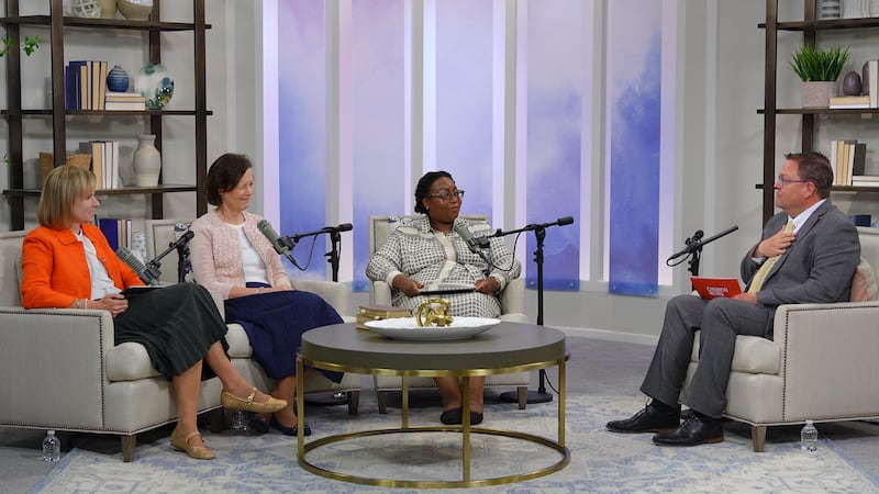 President Susan H. Porter, Sister Amy A. Wright and Sister Tracy Y. Browning speak to Ryan Jensen on Thursday, July 2, 2026.