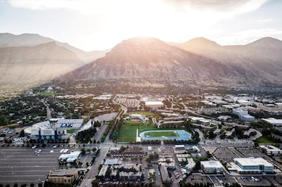 An aerial view of the BYU campus looking east toward Y Mountain in Provo, Utah, on Sept. 7, 2013.