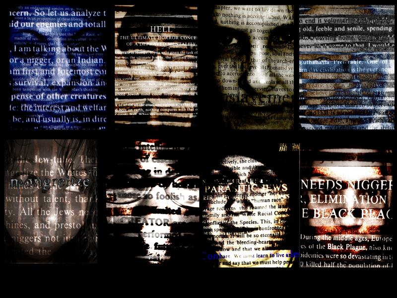 Artists Marc Morris and Shelley Murney use text from the books imposed over photos shows the impact of hate.