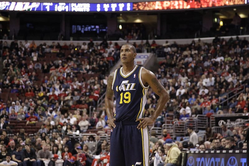 Utah Jazz's Raja Bell during an NBA basketball game against the Philadelphia 76ers, Friday, March 9, 2012, in Philadelphia. (AP Photo/Matt Slocum)