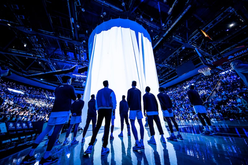BYU players look on during pregame activities prior to the Cougars game with Gonzaga Jan. 12, 2023, in the Marriott Center.