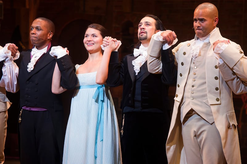 20150806 In this Thursday, Aug. 6, 2015, file photo, Leslie Odom Jr., left, Phillipa Soo, Lin-Manuel Miranda and Christopher Jackson appear at the curtain call following the opening night performance of “Hamilton” at the Richard Rodgers Theatre in New York. The production is still on Broadway, but much of the original cast members have left the show.