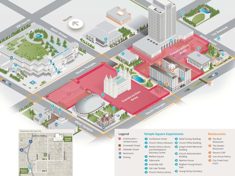 A map of Temple Square shows what areas are under construction and which are open to the public.