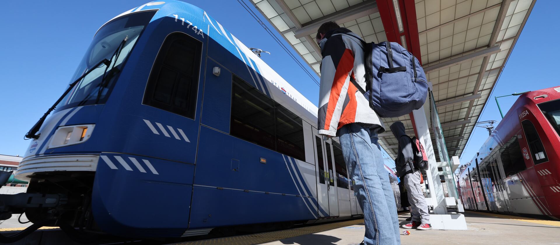 TRAX riders take a train in Salt Lake City on Thursday, March 10, 2022.