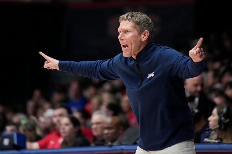 Gonzaga coach Mark Few gestures during game against Saint Mary's, Saturday, March 2, 2024, in Moraga, Calif.