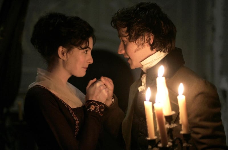 Anne Hathaway, left, is Jane Austen and James McAvoy is Tom Lefroy in “Becoming Jane.”