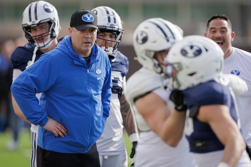 New BYU tight ends coach Kevin Gilbride looks on during spring practice in Provo on March 08, 2024.
