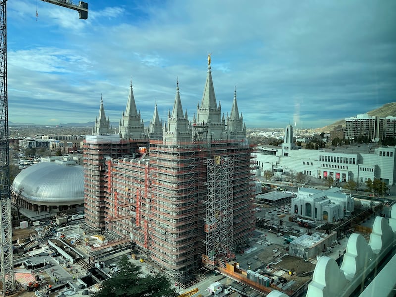 The scaffolding is starting to come down around the Salt Lake Temple in this photo on Wednesday, Dec. 10, 2025.