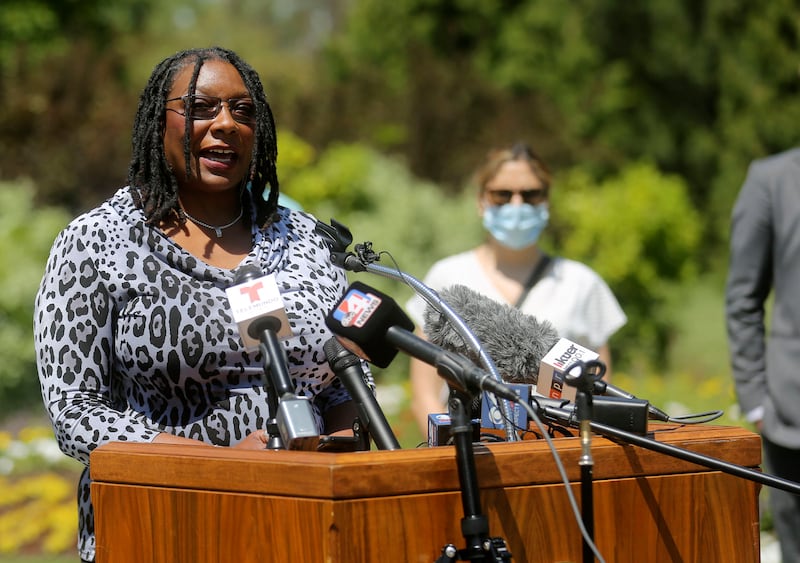 Darlene McDonald speaks during a press conference at the International Peace Gardens in Salt Lake City on June 25, 2020.