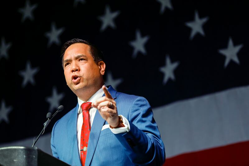 Utah Attorney General Sean Reyes speaks during the GOP State Convention at the Mountain America Exposition Center.