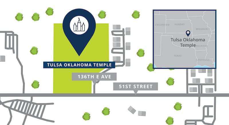 A map with a pin showing the location of the Tulsa Oklahoma Temple site, with nearby roads.