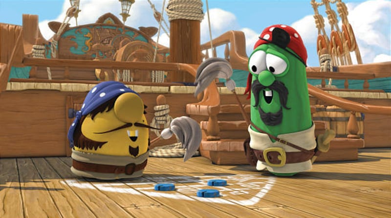 Sedgewick, left, and Elliot swab the decks in the animated comedy "The Pirates Who Don't Do Anything: A VeggieTales Movie,"<BR> about the three vegetable pals from a popular video series.<BR>