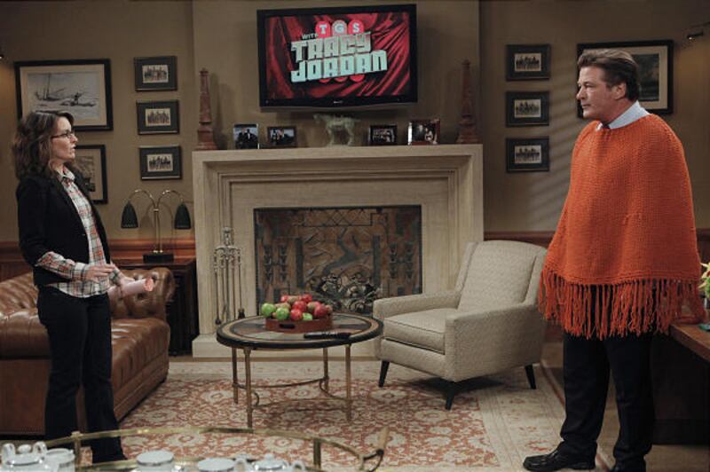 Tina Fey as Liz, producer of a variety show, and Alec Baldwin as her boss, Jack, in the "Live Show" episode of "30 Rock."