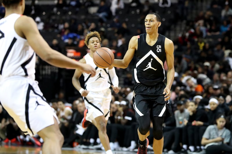 Darius Bazley brings the ball up court during the Jordan Brand Classic high school basketball game, Sunday, April 8, 2018, in Brooklyn.
