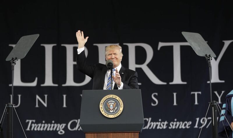 President Donald Trump gives the commencement address for the Class of 2017 at Liberty University in Lynchburg, Va., Saturday, May 13, 2017. (AP Photo/Pablo Martinez Monsivais)
