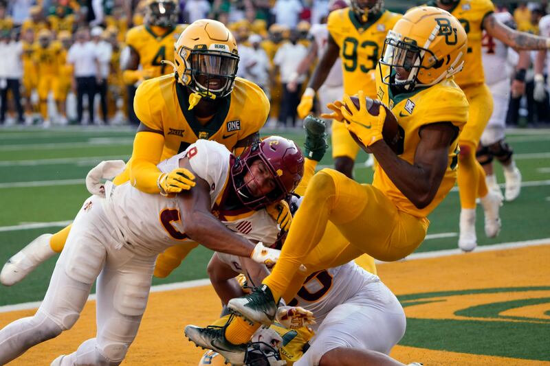 Baylor safety JT Woods (22) intercepts the ball in the end zone on a two-point conversion attempt by Iowa State.