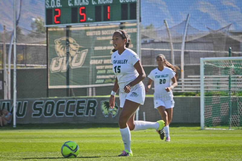Senior Courtney Wilson (center) sets to kick the ball. Wilson will be one of five seniors honored Friday as the Wolverines wrap up their home slate this week against Grand Canyon on Friday and versus CSU Bakersfield on Sunday.