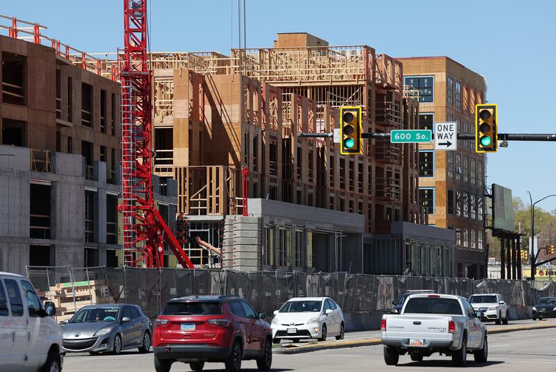 Framing continues at a construction site in Salt Lake City.