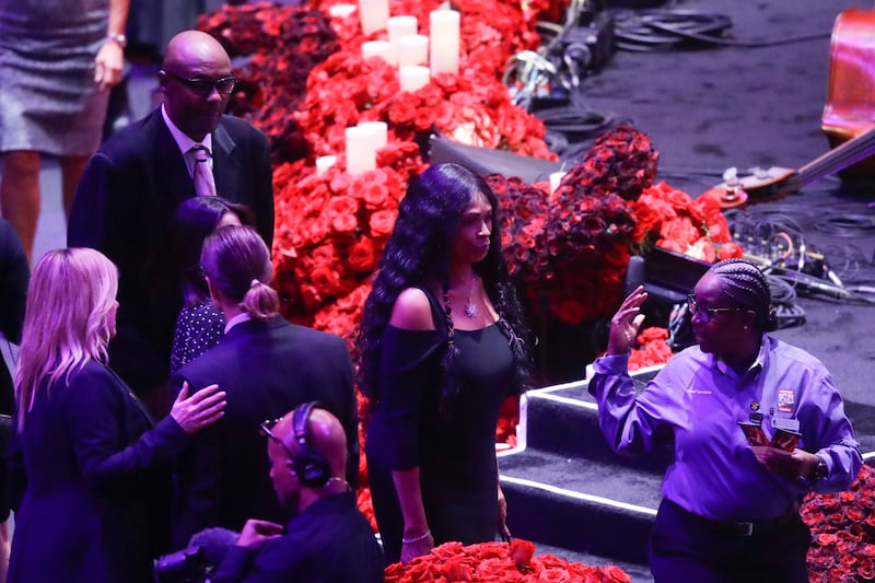 Kobe Bryant’s parents Joe and Pam Bryant arrive for a celebration of life for Kobe Bryant and his daughter Gianna Monday, Feb. 24, 2020, in Los Angeles. (AP Photo/Marcio Jose Sanchez)