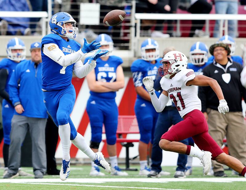 Bingham's Brayden Cosper makes a catch against Herriman in 6A semifinal action at Rice-Eccles Stadium on Friday, Nov. 10, 2017. Bingham won, 31-7.