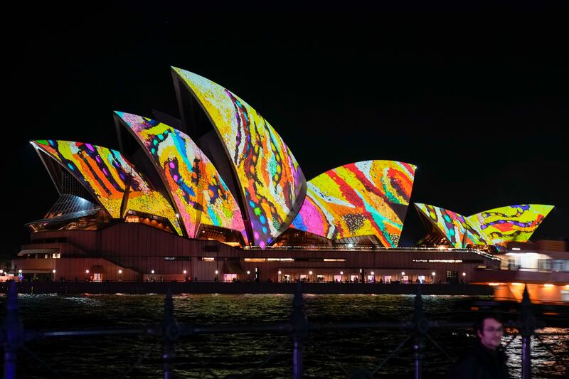 The Sydney Opera House sails are illuminated during the Vivid light show in Sydney, Australia, on Thursday, June 2, 2022.