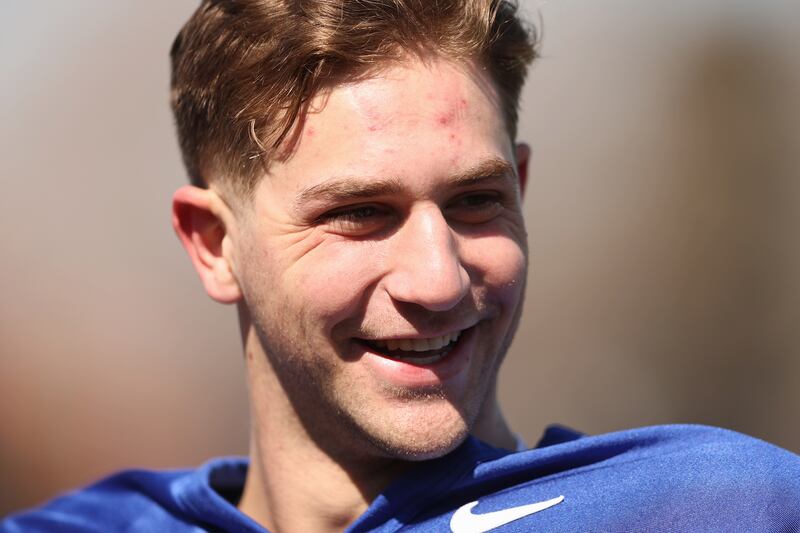 Quarterback Kedon Slovis talks with media after the BYU Cougars football team practiced in Provo on March 17, 2023.