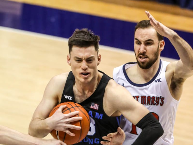 Brigham Young Cougars guard Alex Barcello (13) moves with the ball during a game against the Saint Mary’s Gaels in Provo.