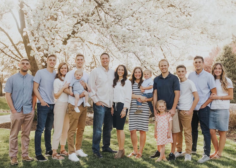 Andy and Holly Toolson with their family. These days the former BYU basketball player is a businessman and Latter-day Saint bishop in Highland, Utah.