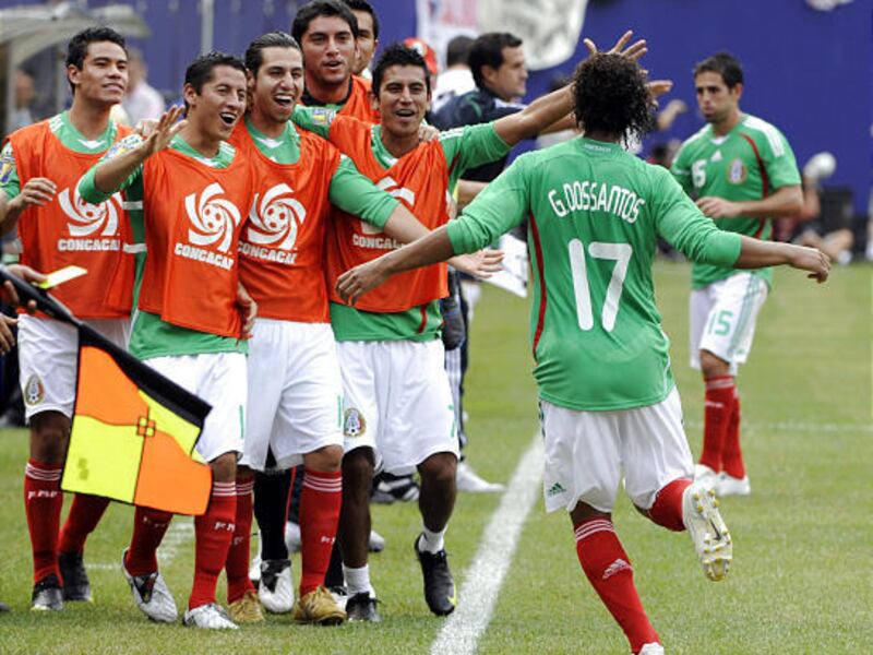 Mexico's Giovani Dos Santos (17) celebrates after scoring Mexico's second goal during the second half of the CONCACAF Gold Cup soccer final against the United States Sunday in East Rutherford, N.J.