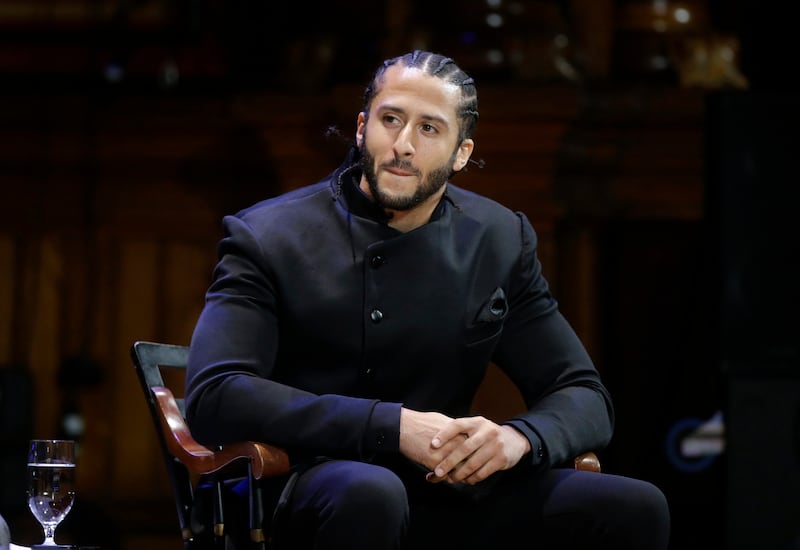 FILE - In this Oct. 11, 2018, file photo, former NFL football quarterback Colin Kaepernick attends the W.E.B. Du Bois Medal ceremonies at Harvard University in Cambridge, Mass. Kaepernick was among eight recipients of Harvard University's W.E.B. Du Bois M