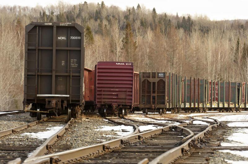 FILE - In this Feb. 19, 2010 file photo, rail cars sit idled on the Montreal, Maine & Atlantic Railway junction in Oakfield, Maine. From this point the line heads west to Houlton, Maine and north to Presque Isle, Easton, Caribou, Limestone, Fort Kent and