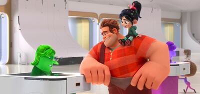 This image released by Disney shows characters, from left, eBay Elayne, voiced by Rebecca Wisocky, Ralph, voiced by John C. Reilly and Vanellope von Schweetz, voiced by Sarah Silverman in a scene from "Ralph Breaks the Internet."