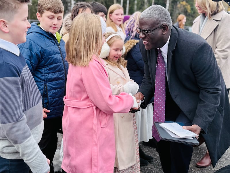 Elder Peter M. Johnson — a General Authority Seventy and first counselor in the Church’s United States West Area presidency — shakes hands with members of the Primary choir that sang at the groundbreaking of the Fairbanks Alaska Temple on Sept. 27, 2025, in Fairbanks, Alaska.