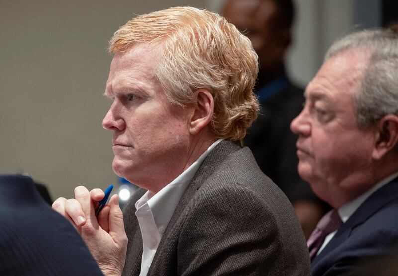 Alex Murdaugh listens to the jury charges during his double murder trial at the Colleton County Courthouse on Thursday, March 2, 2023, in Walterboro, S.C. The 54-year-old attorney is standing trial on two counts of murder in the shootings of his wife and son at their Colleton County home and hunting lodge on June 7, 2021.