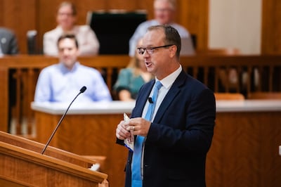 David H. Moore, the new dean of BYU’s J. Reuben Clark Law School, welcomes first-year law students to campus in 2023.