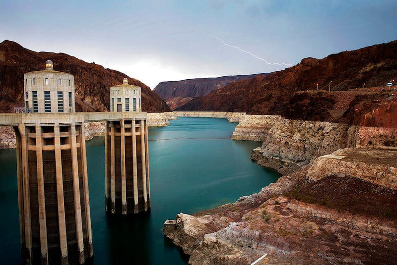 Lightning strikes over Lake Mead near Hoover Dam.