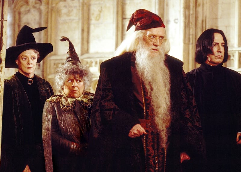 Professor McGonagall (Maggie Smith), Professor Sprout (Miriam Margolyes), Professor Dumbeldore (Richard Harris) and Professor Snape (Alan Rickman) in "Harry Potter and the Chamber of Secrets."