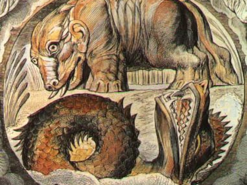 William Blake, who is best known for his poetry, drew pictures of
scenes described in the Bible. Pictured here are the mighty beasts Behemoth and Leviathan, described by God in the book of Job.