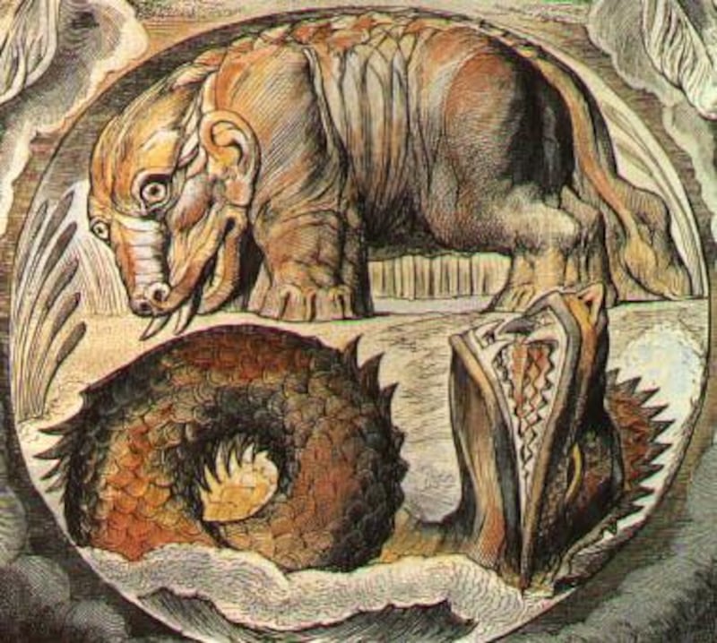 William Blake, who is best known for his poetry, drew pictures of
scenes described in the Bible. Pictured here are the mighty beasts Behemoth and Leviathan, described by God in the book of Job.