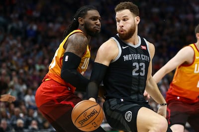 Detroit Pistons forward Blake Griffin (23) attempts to dribble by Utah Jazz forward Jae Crowder (99) with the ball during the second half of the game at the Vivint Smart Home Arena in Provo on Monday, Jan. 14, 2019.