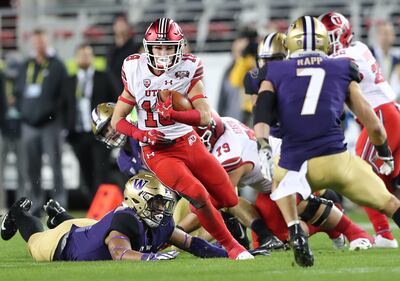 Utah Utes wide receiver Britain Covey (18) gets into the open field during a run as Utah and Washington play in the Pac-12 championship game at Levi's Stadium in Santa Clara on Friday, Nov. 30, 2018.