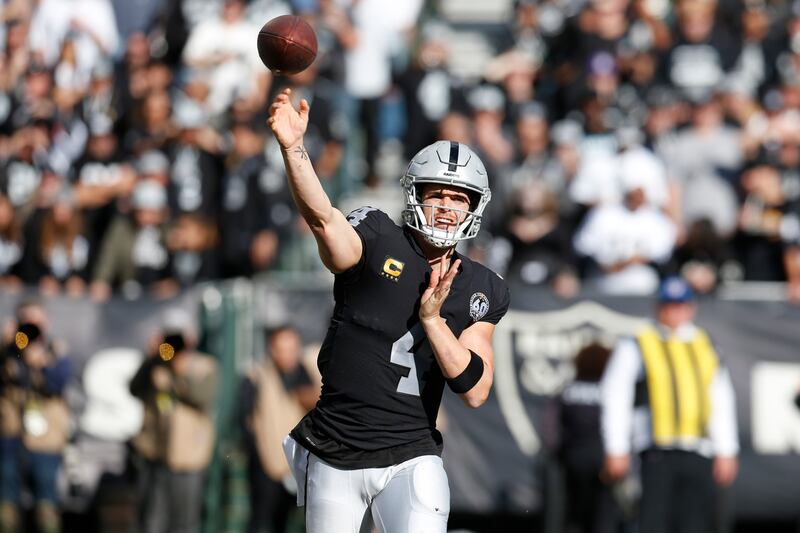 Oakland Raiders quarterback Derek Carr throws the ball during a game against the Jacksonville Jaguars in December 2019.