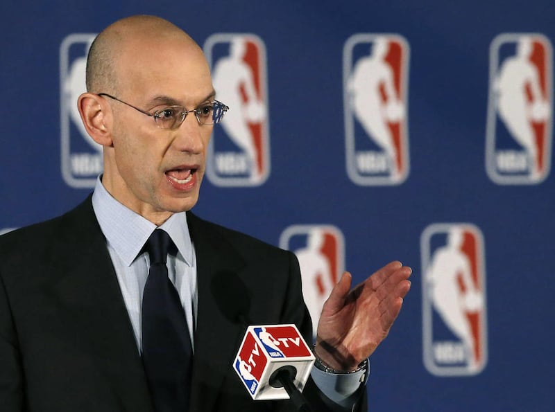 NBA Commissioner Adam Silver addresses the media during a news conference in New York, Tuesday, April 29, 2014.