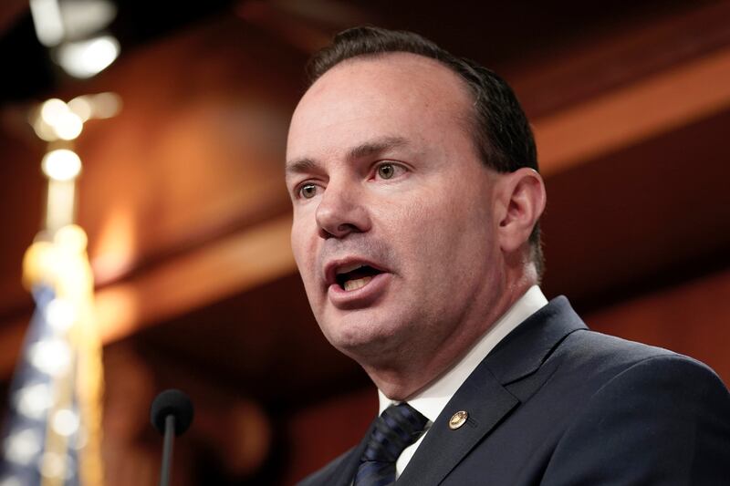 Sen. Mike Lee speaks during a news conference on Capitol Hill in Washington.