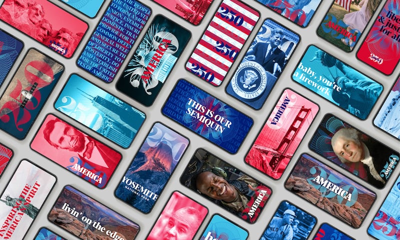 Images of Abraham Lincoln and George Washington are part of a brand campaign created for America’s semiquincentennial celebration by Landor & Fitch.