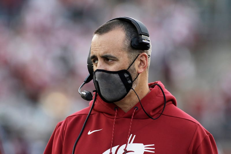 Washington State coach Nick Rolovich coaches against Stanford, Saturday, Oct. 16, 2021, in Pullman, Wash.