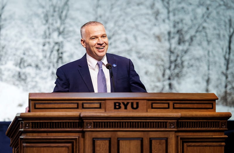 BYU President Shane Reese talks about football and faith during the opening devotional of winter semester on Jan. 14, 2025, at the Marriott Center in Provo, Utah.
