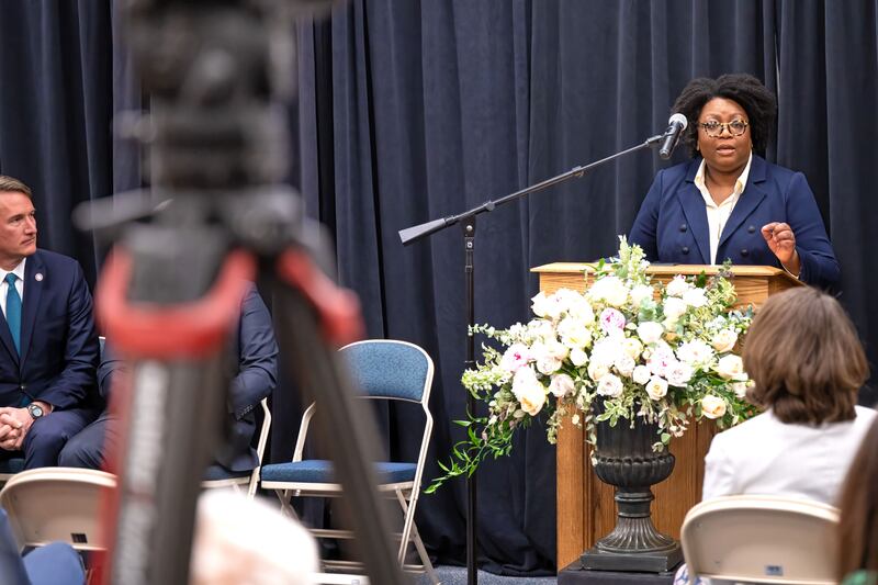 Sister Tracy Y. Browning of the Primary General Presidency speaks at the Richmond Virginia Temple media day on March 20, 2023.