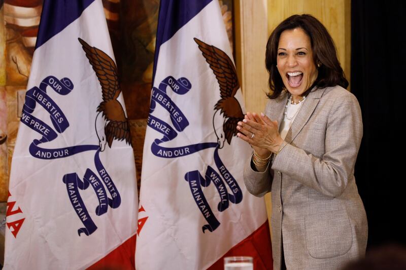 Democratic presidential candidate Sen. Kamala Harris, D-Calif., arrives at a Women of Color roundtable discussion, Tuesday, July 16, 2019, in Davenport, Iowa. (AP Photo/Charlie Neibergall)
